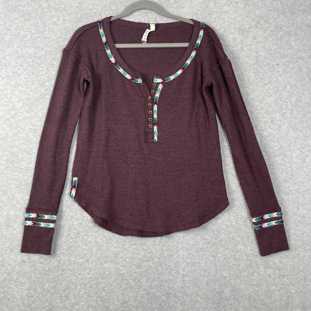 Free People We The Free Waffle Knit Henley Top Womens XS Burgundy Thermal - Picture 2 of 12